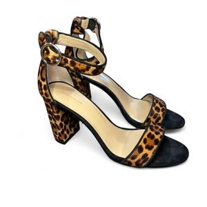 Ann Taylor Leopard Print Ankle Strap Block Heel Sandals - Black & Tan